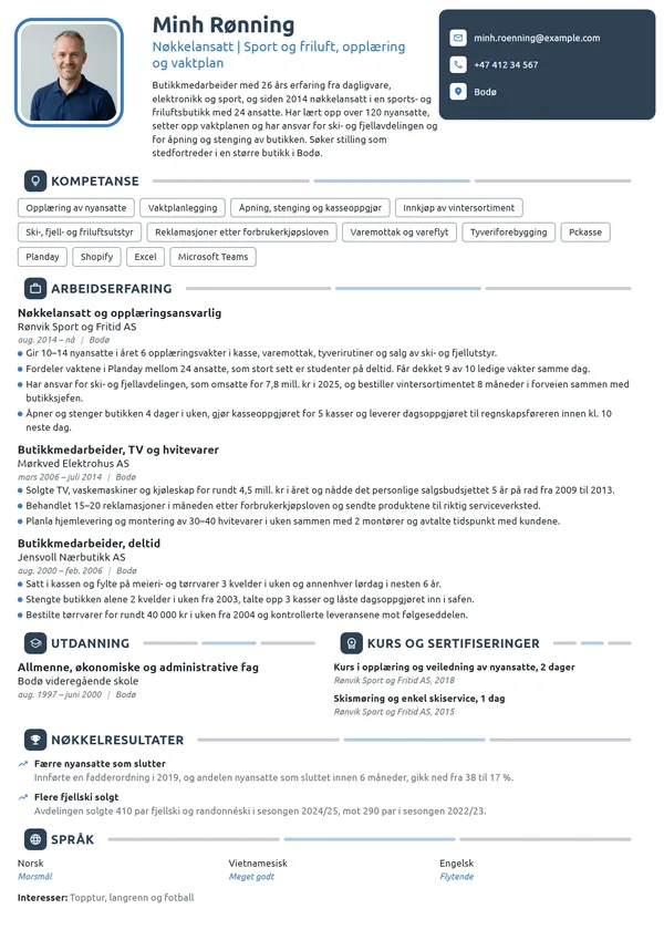 CV-eksempel for butikkmedarbeider og opplæringsansvarlig