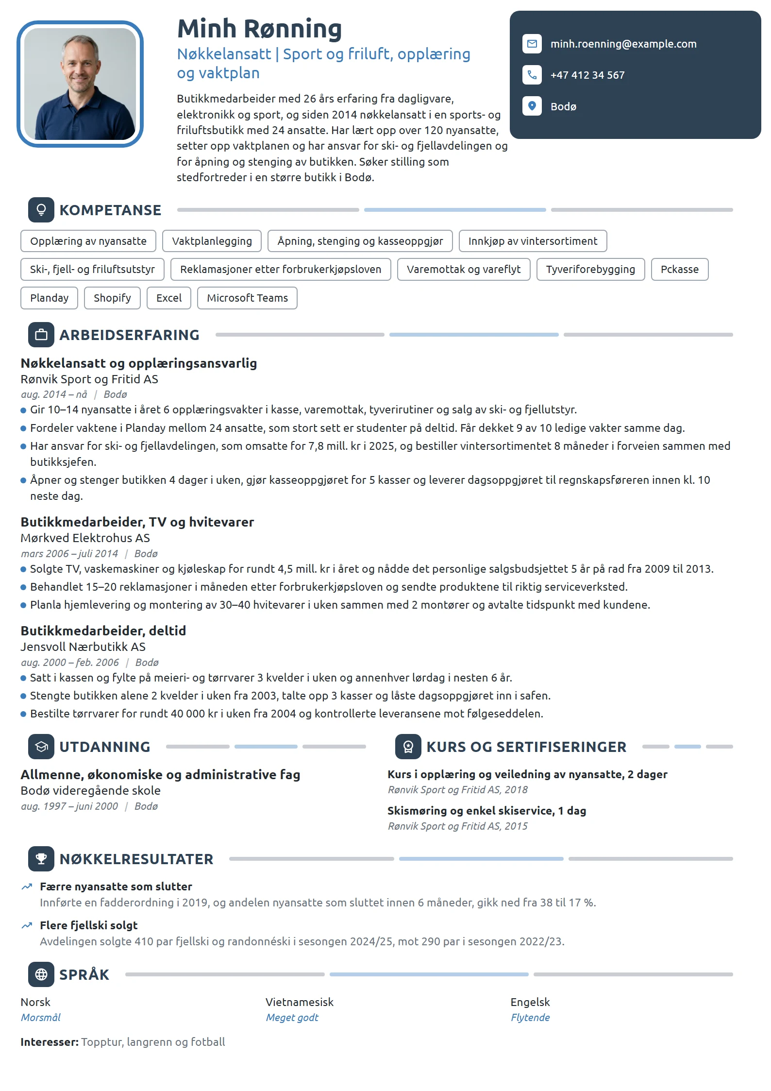 CV-eksempel for butikkmedarbeider og opplæringsansvarlig