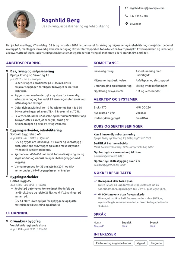 CV-eksempel for bas, riving og miljøsanering