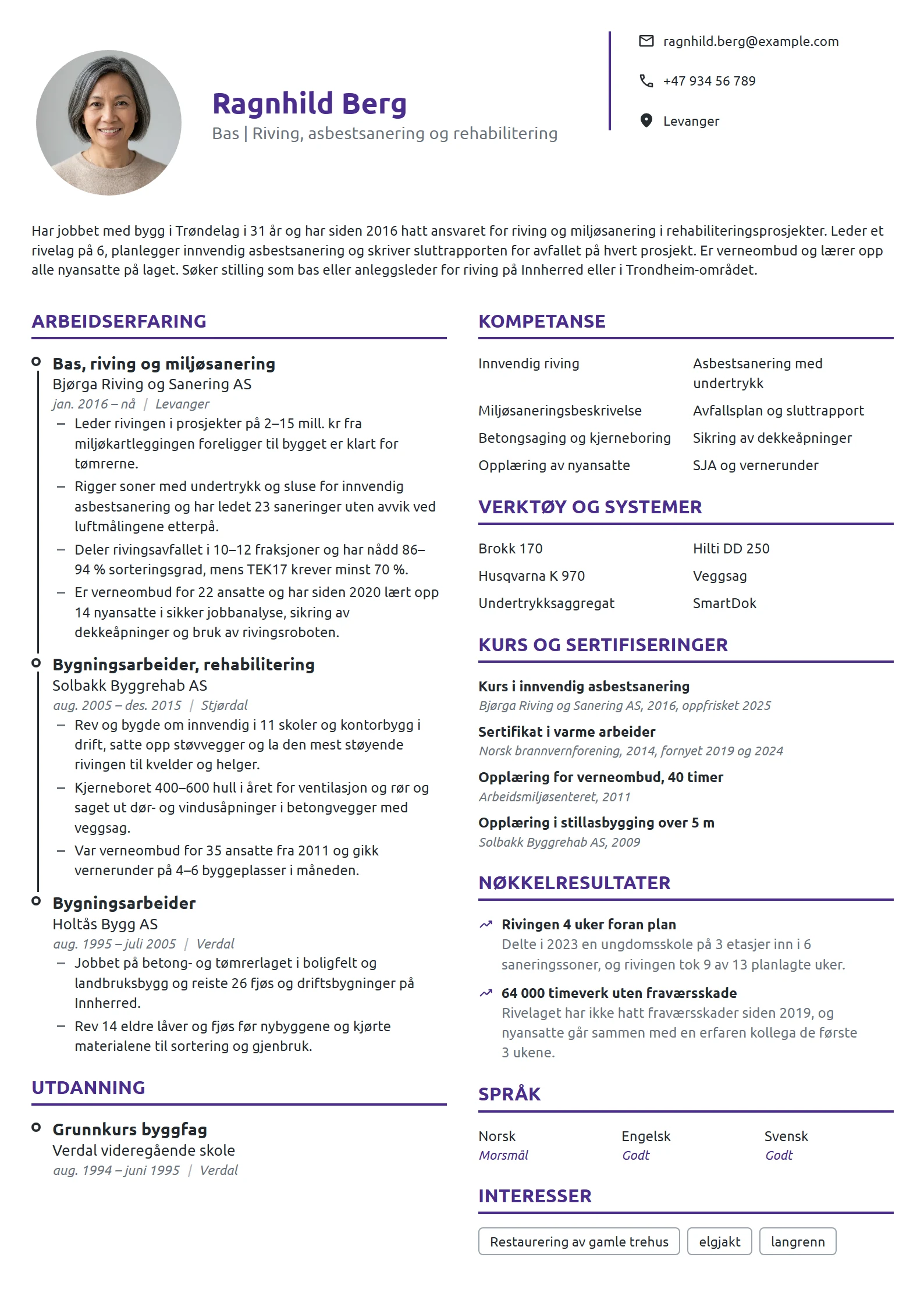 CV-eksempel for bas, riving og miljøsanering