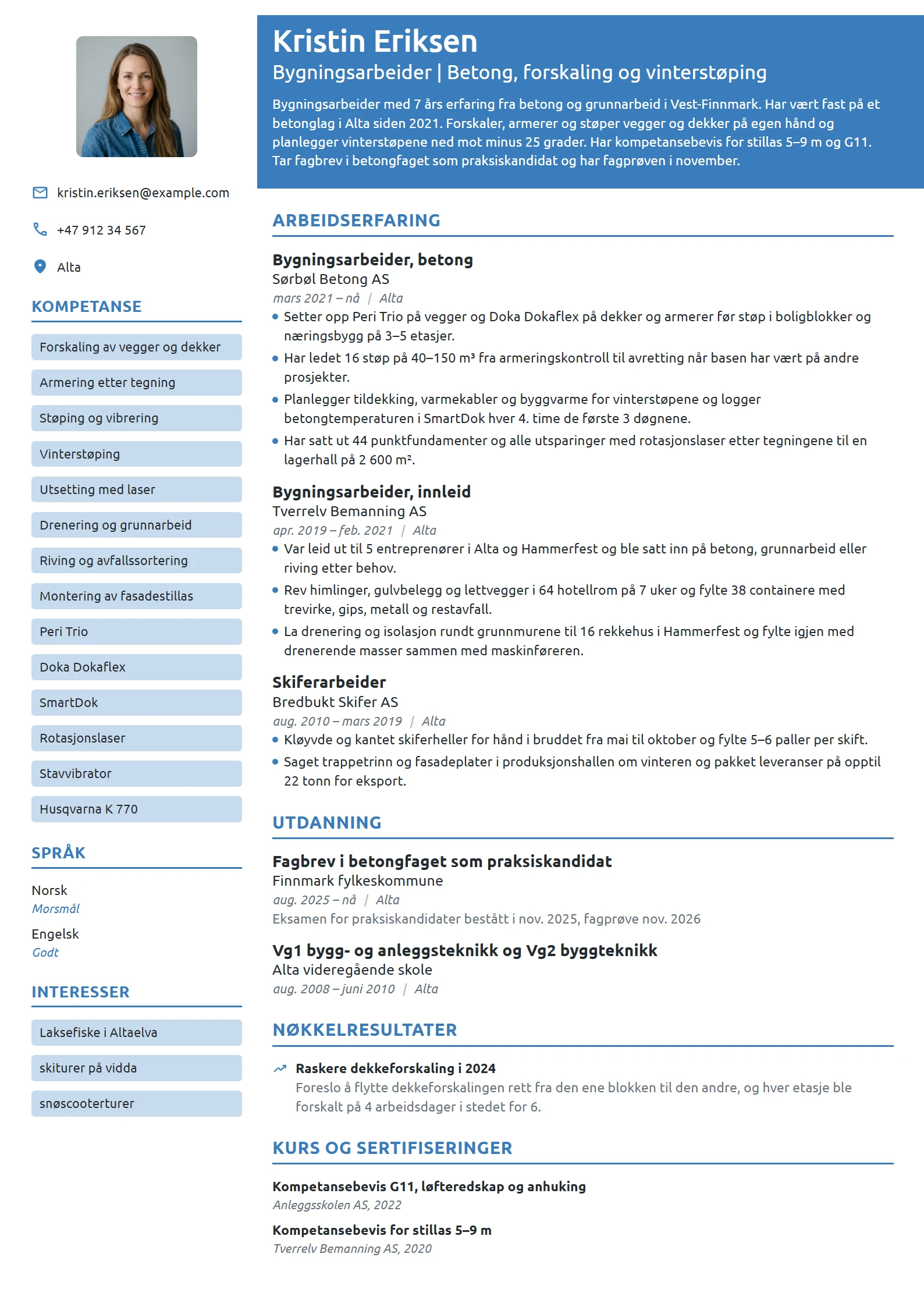 CV-eksempel for bygningsarbeider i betong og grunnarbeid
