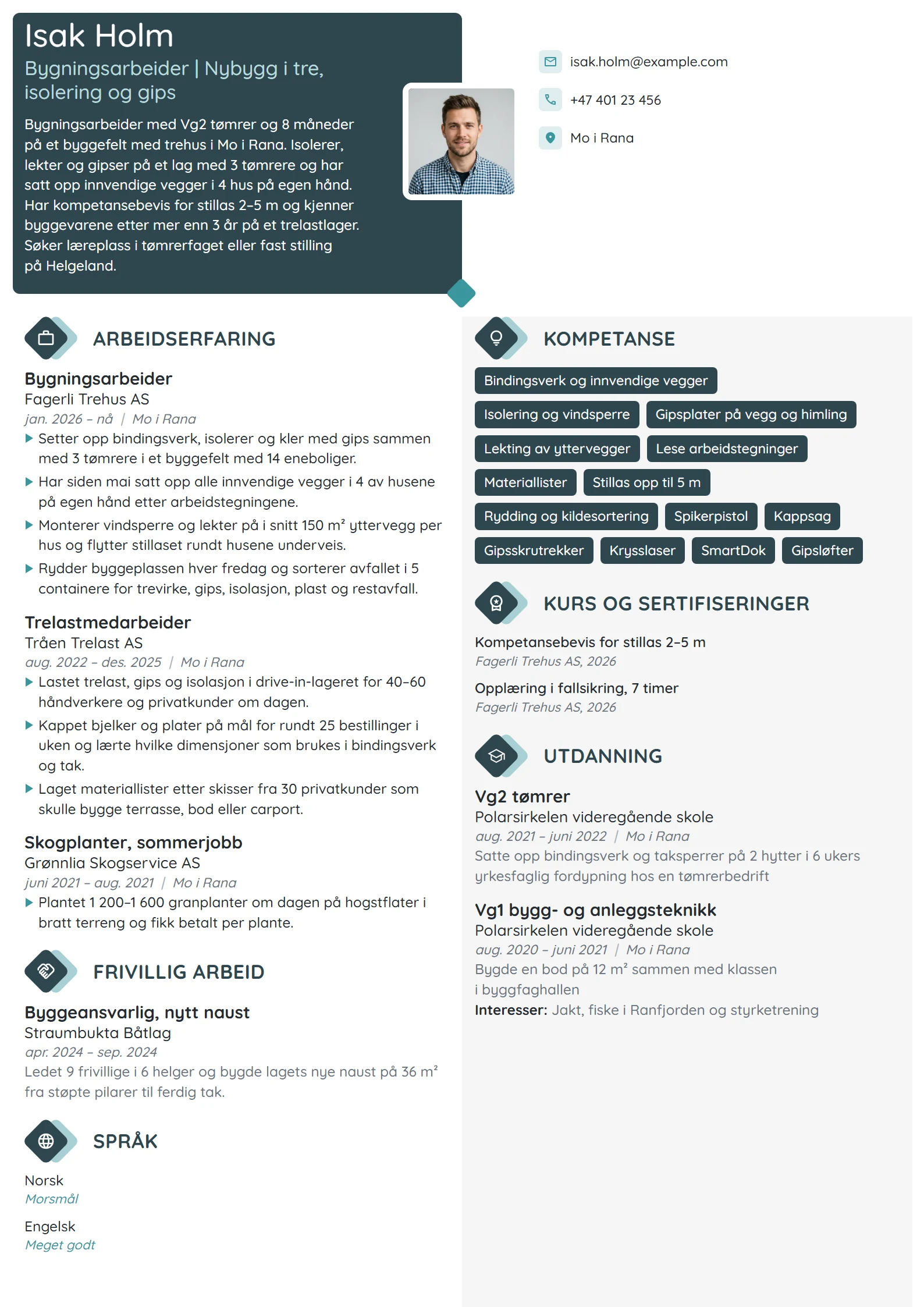 CV-eksempel for bygningsarbeider med Vg2 tømrer