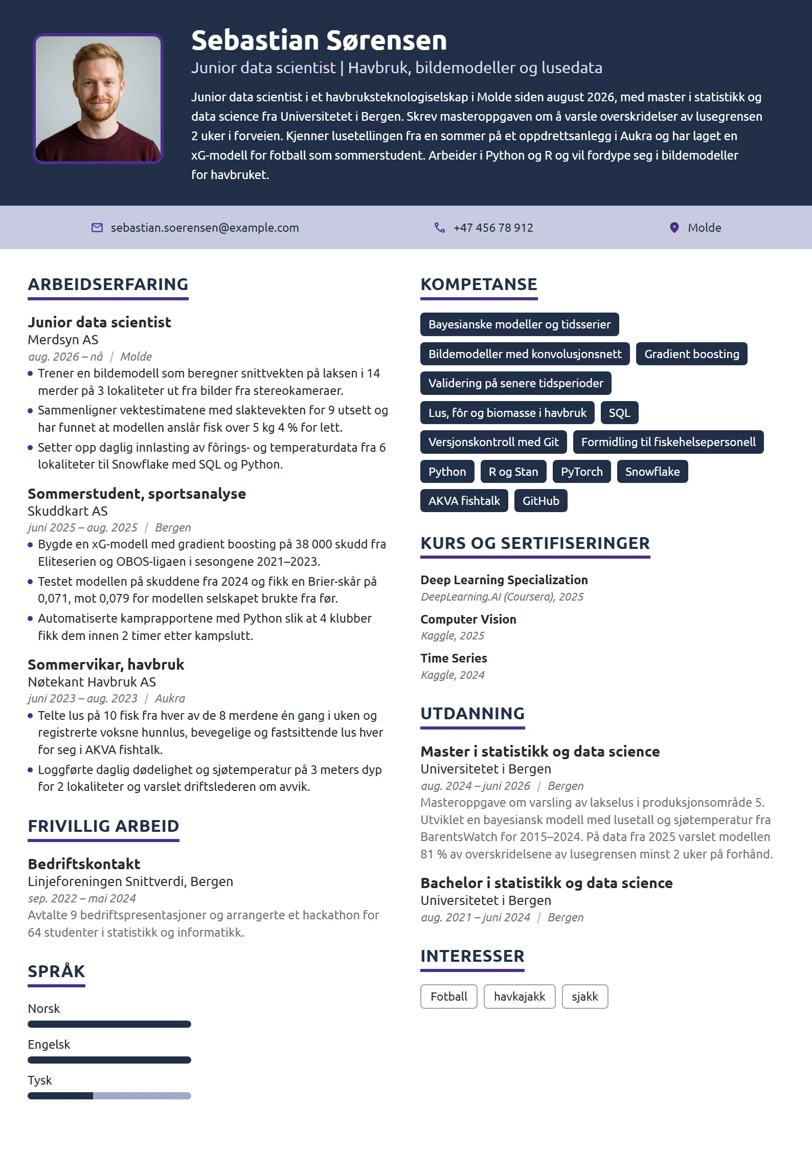CV-eksempel for nyutdannet data scientist i havbruk
