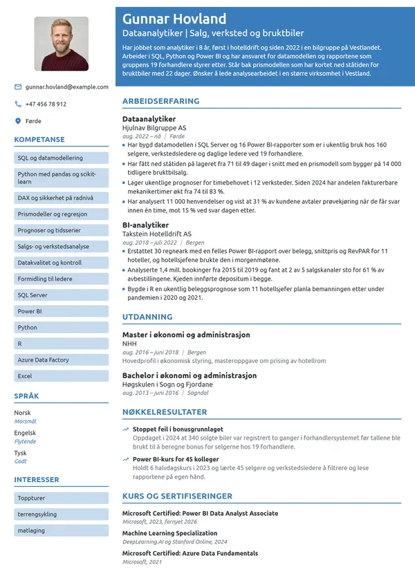 CV-eksempel for dataanalytiker i bilhandel