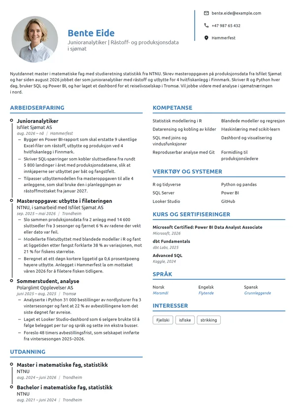 CV-eksempel for junioranalytiker i sjømatnæringen