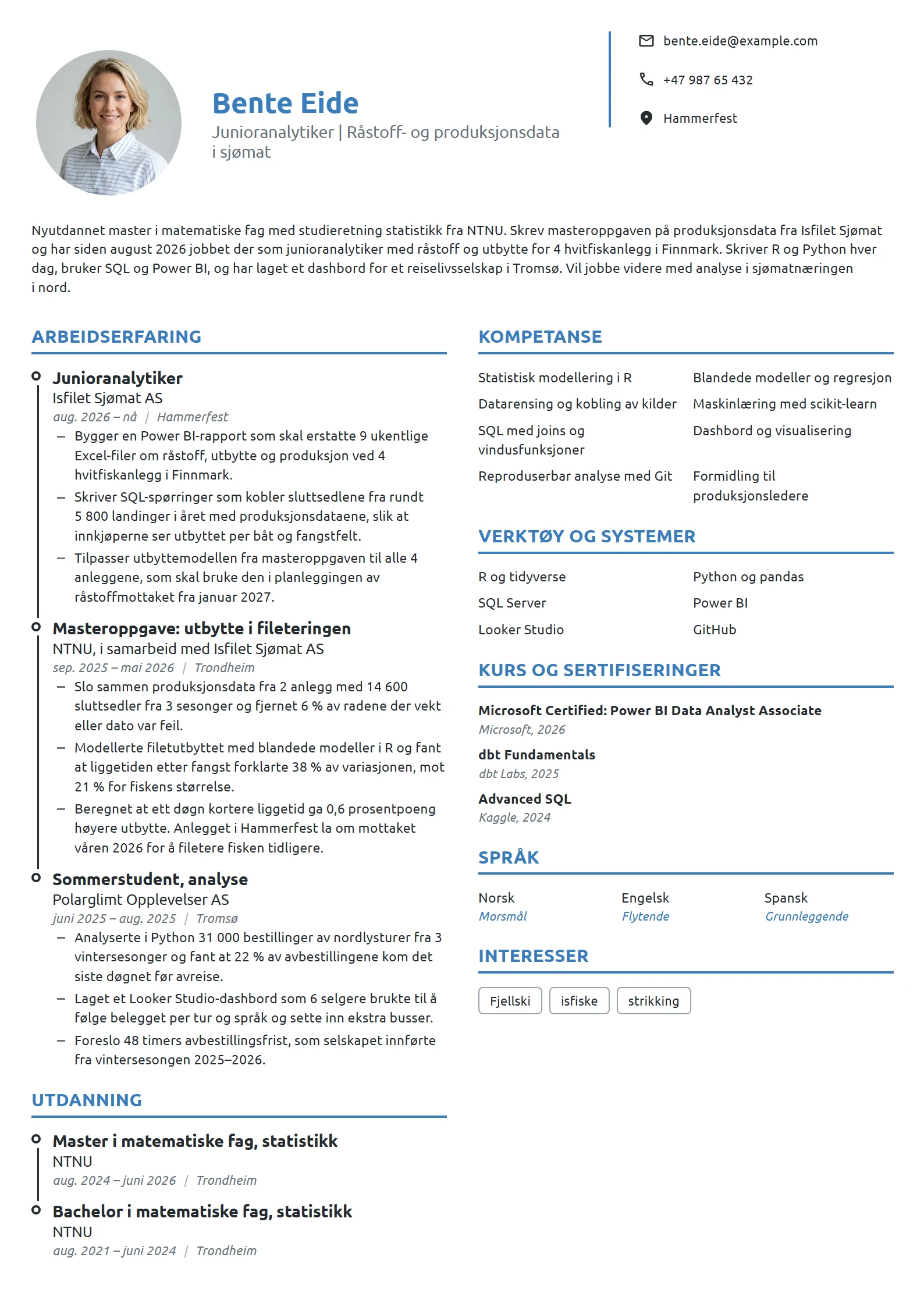 CV-eksempel for junioranalytiker i sjømatnæringen