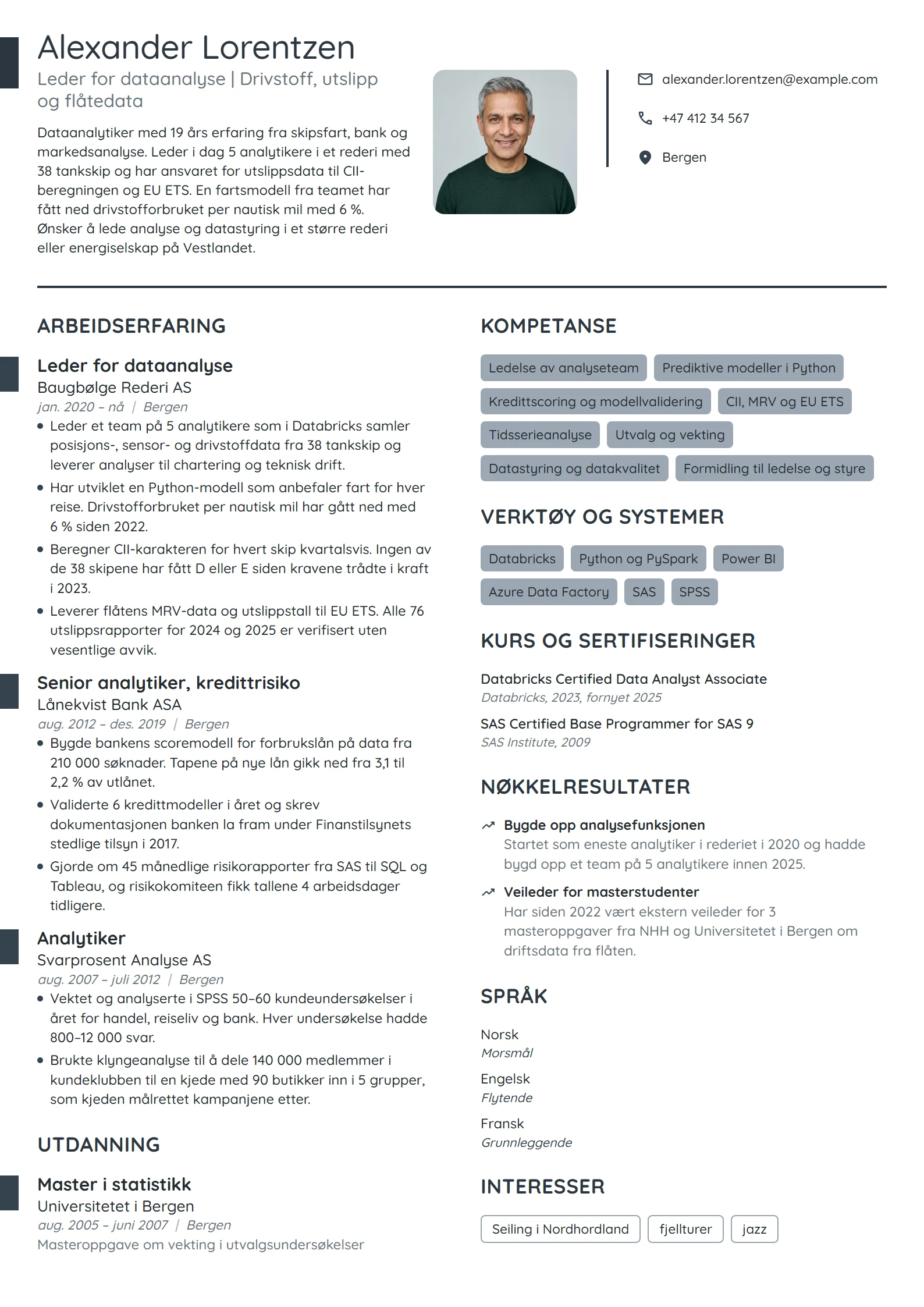 CV-eksempel for leder for dataanalyse i rederi