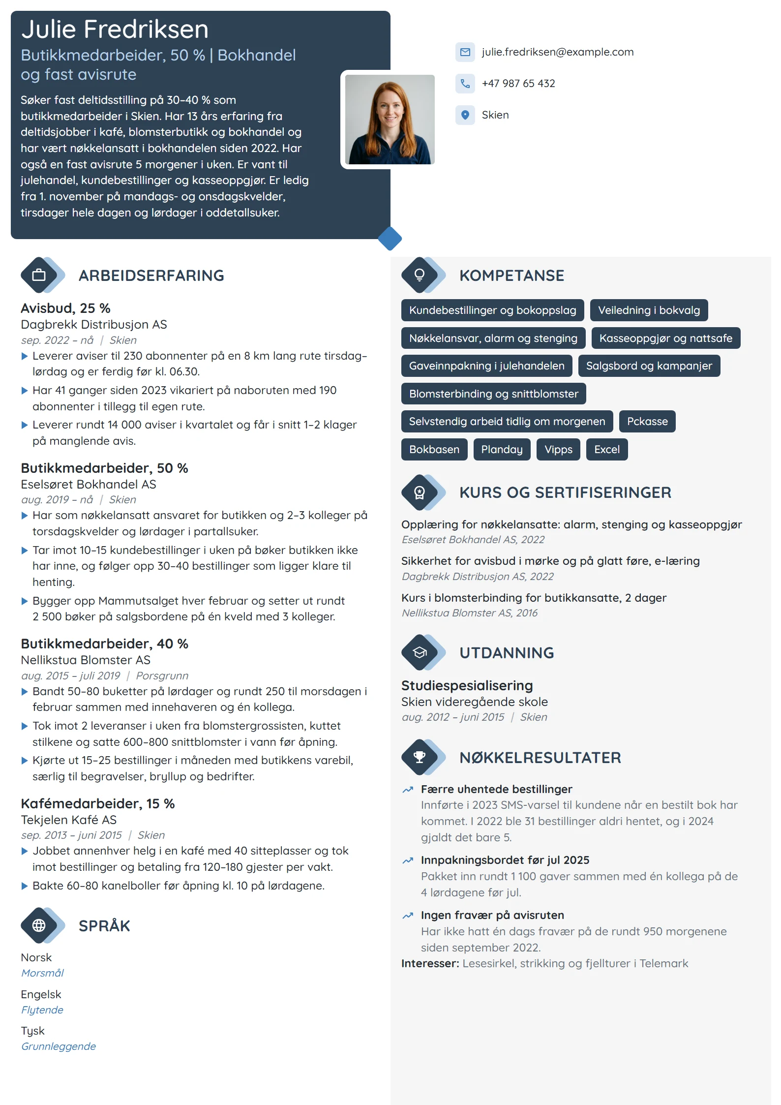 CV-eksempel for butikkmedarbeider med to deltidsjobber