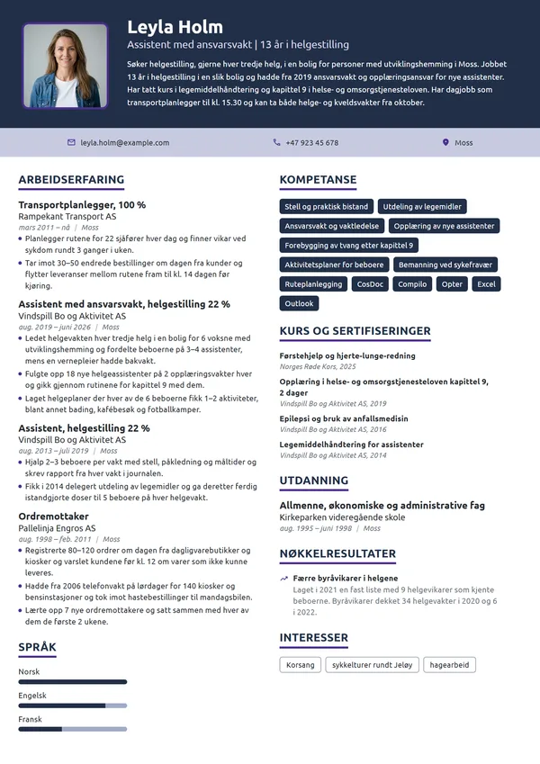 CV-eksempel for helgeassistent i omsorg med fast dagjobb