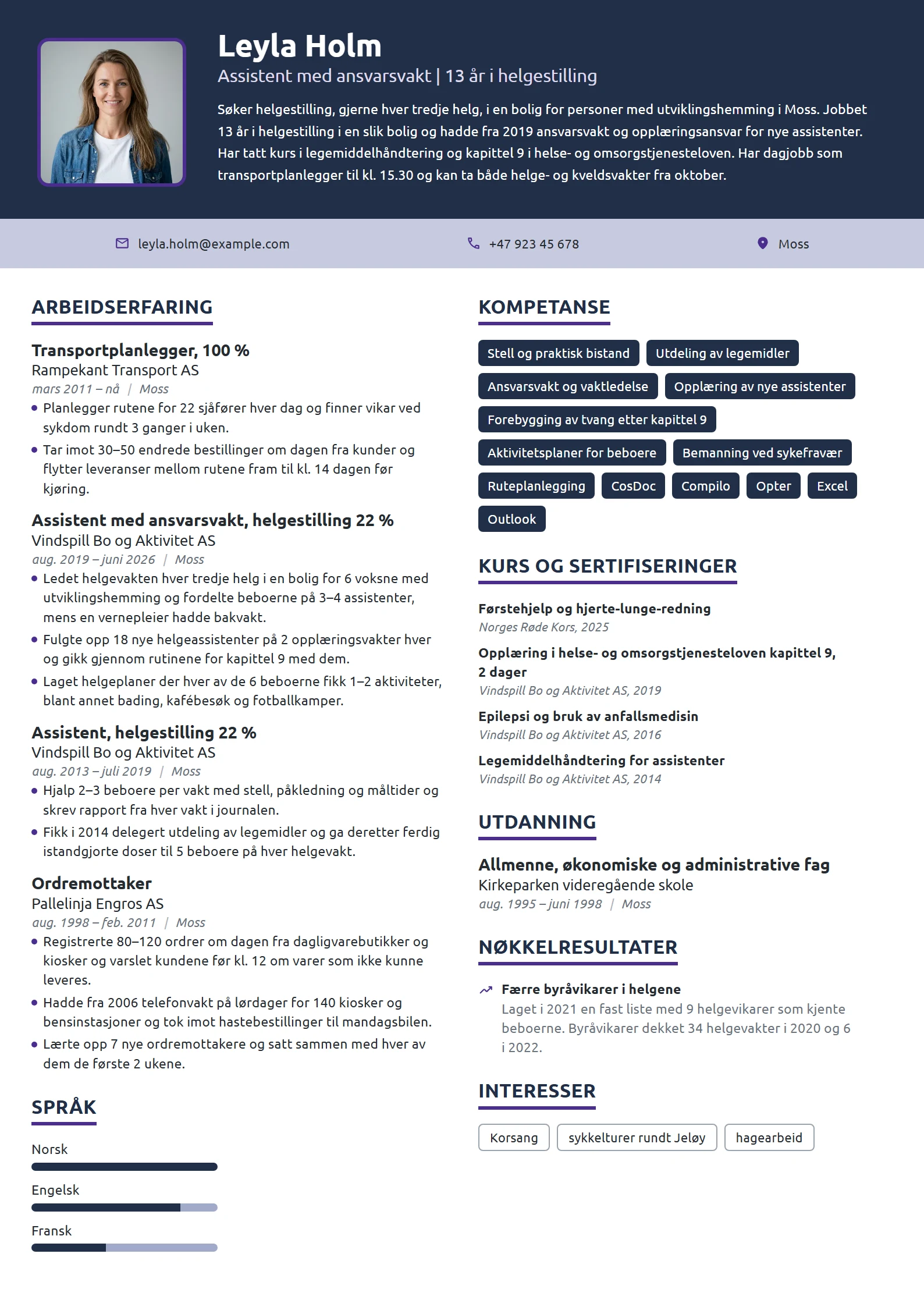 CV-eksempel for helgeassistent i omsorg med fast dagjobb