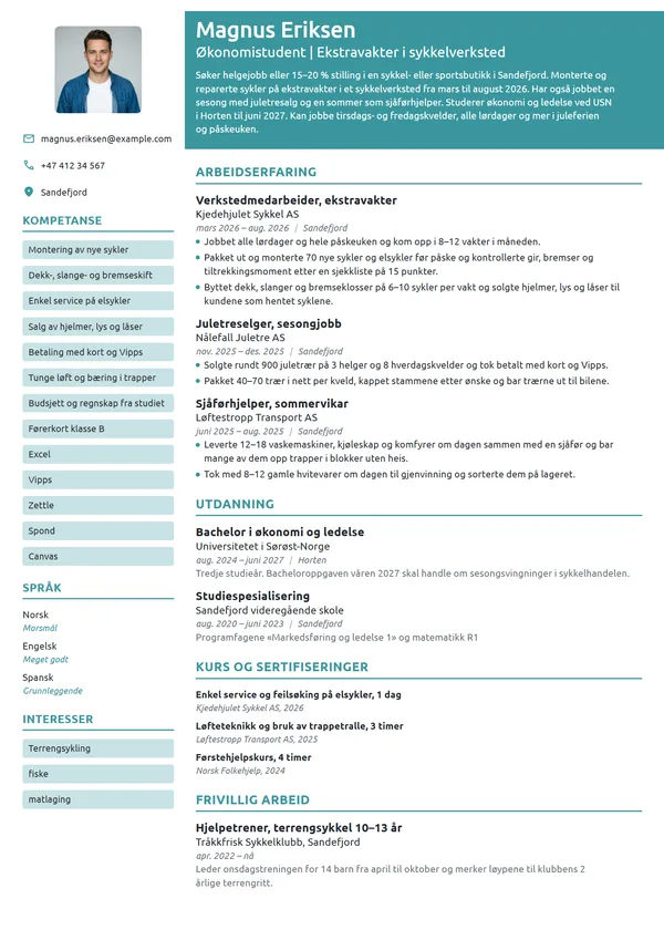 CV-eksempel for student som søker helgejobb i sykkelbutikk