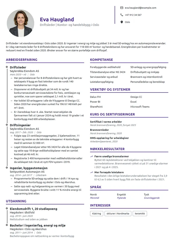 CV-eksempel for driftsleder i eiendom
