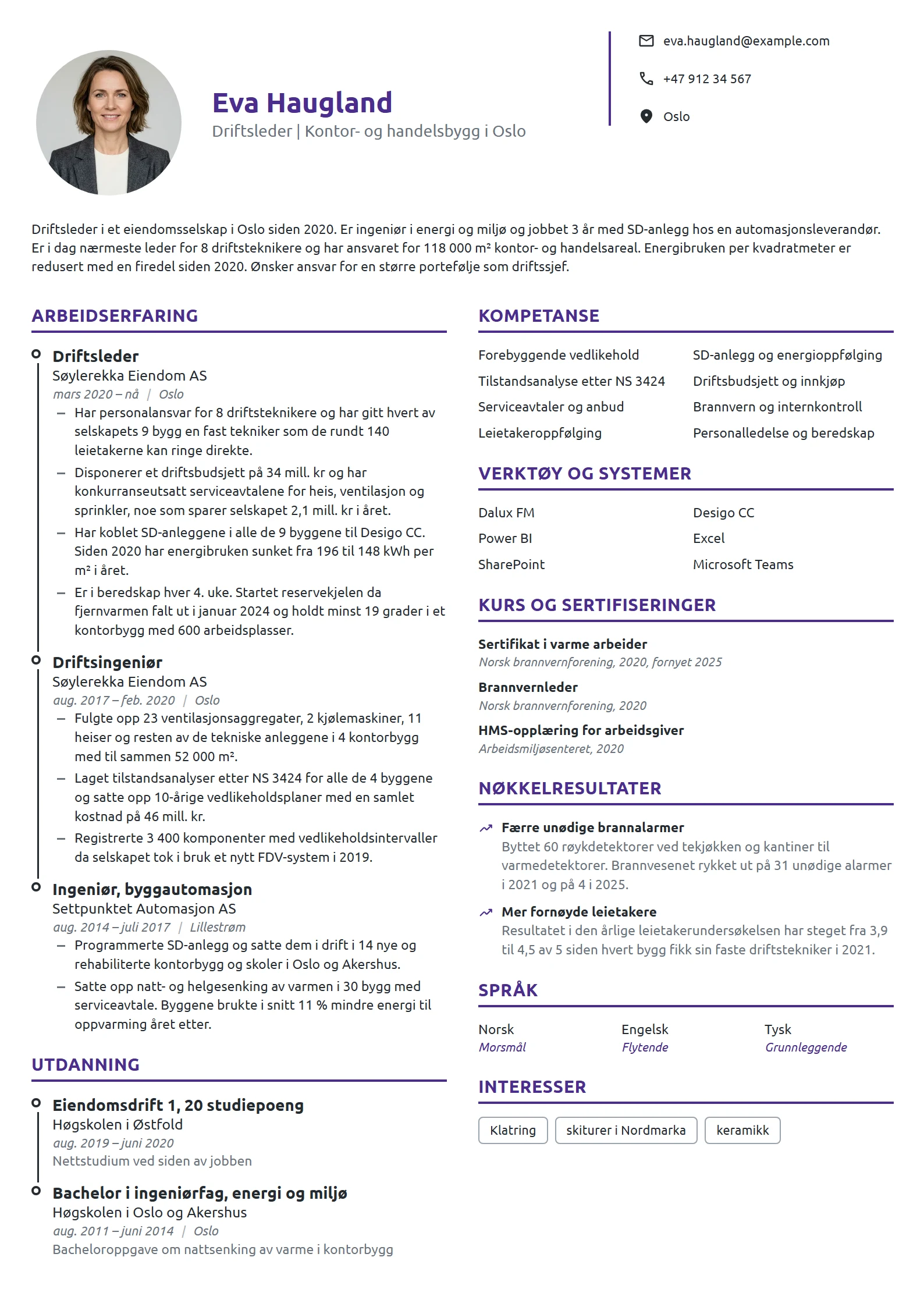 CV-eksempel for driftsleder i eiendom