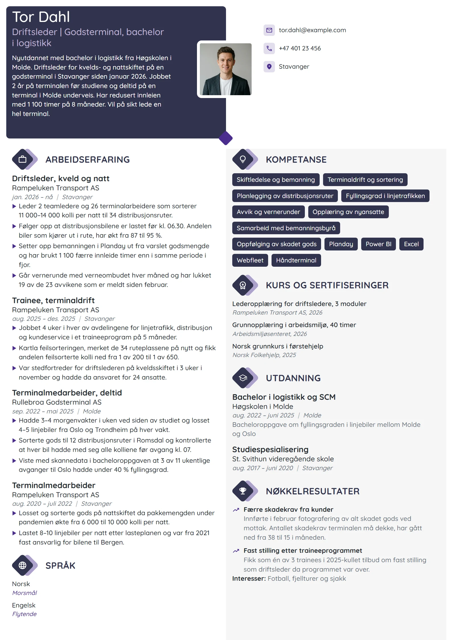 CV-eksempel for nyutdannet driftsleder på godsterminal