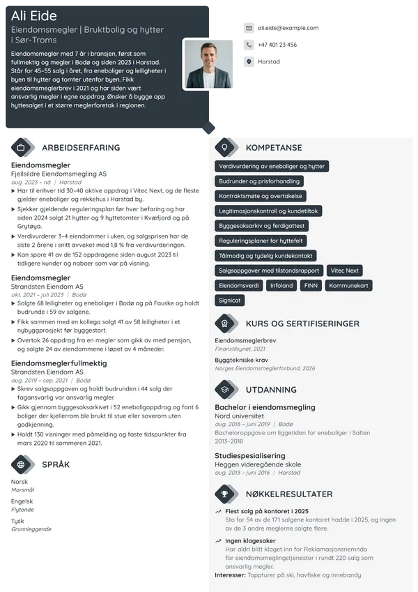 CV-eksempel for eiendomsmegler, bolig og hytter