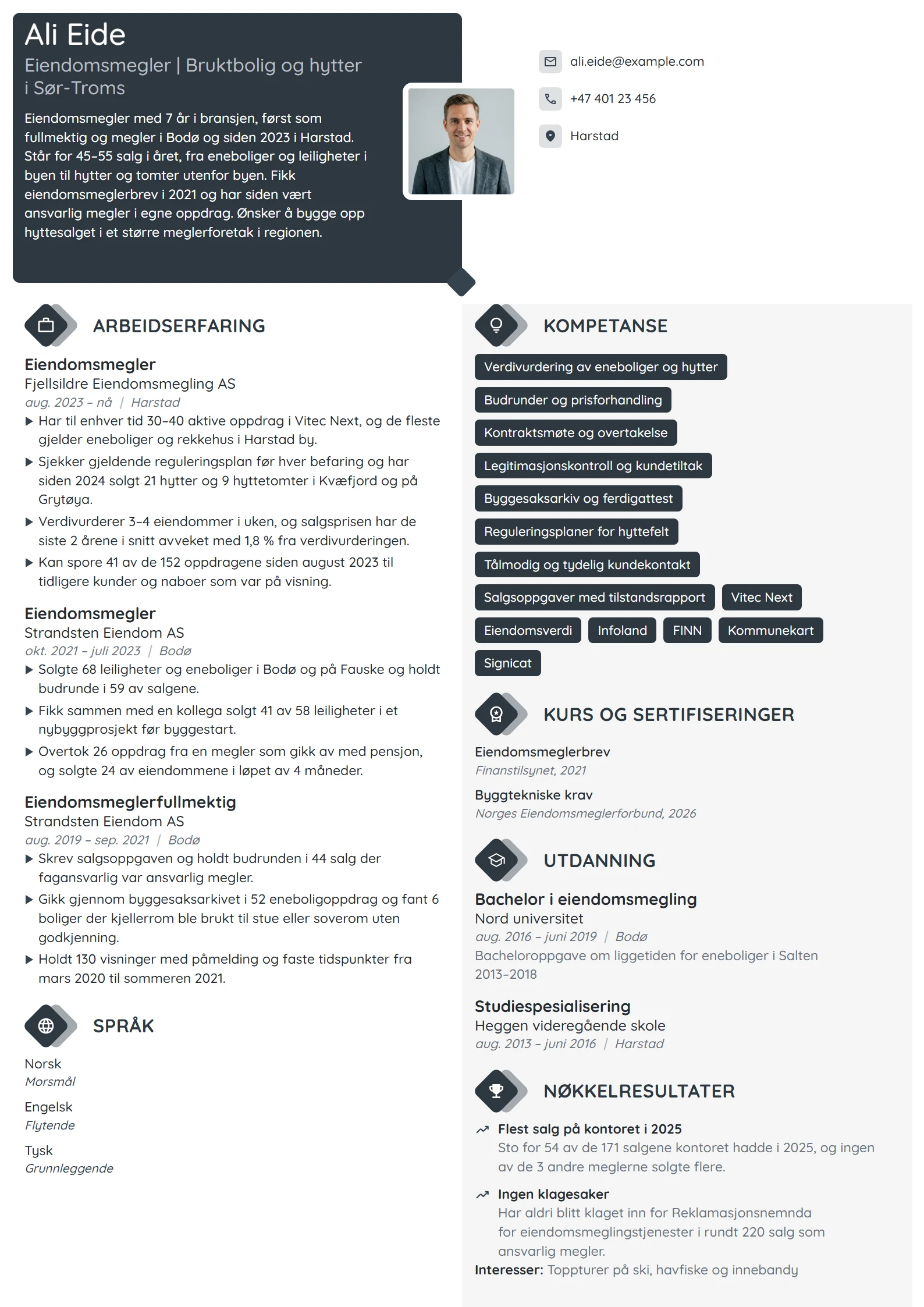 CV-eksempel for eiendomsmegler, bolig og hytter