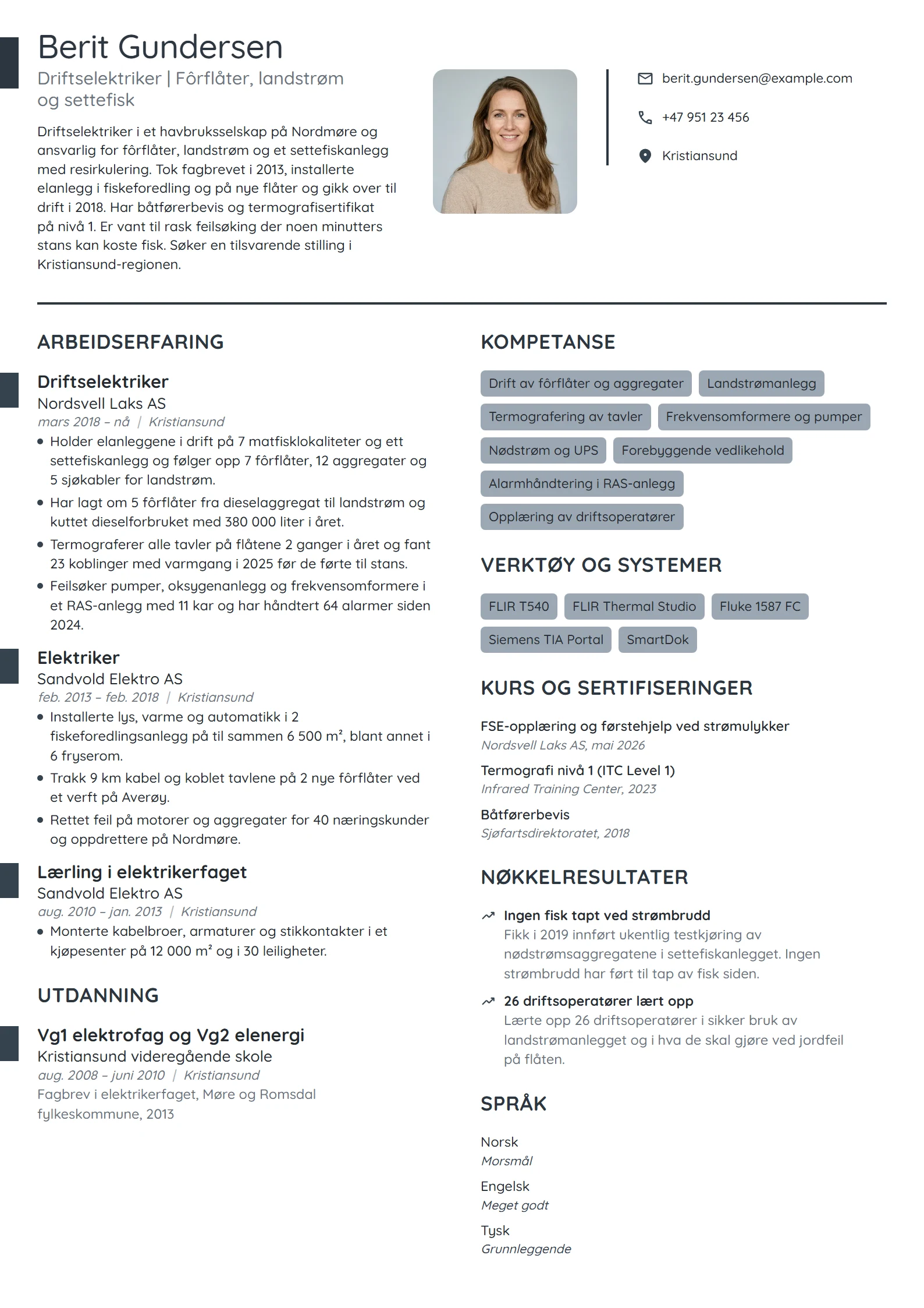 CV-eksempel for driftselektriker i havbruk