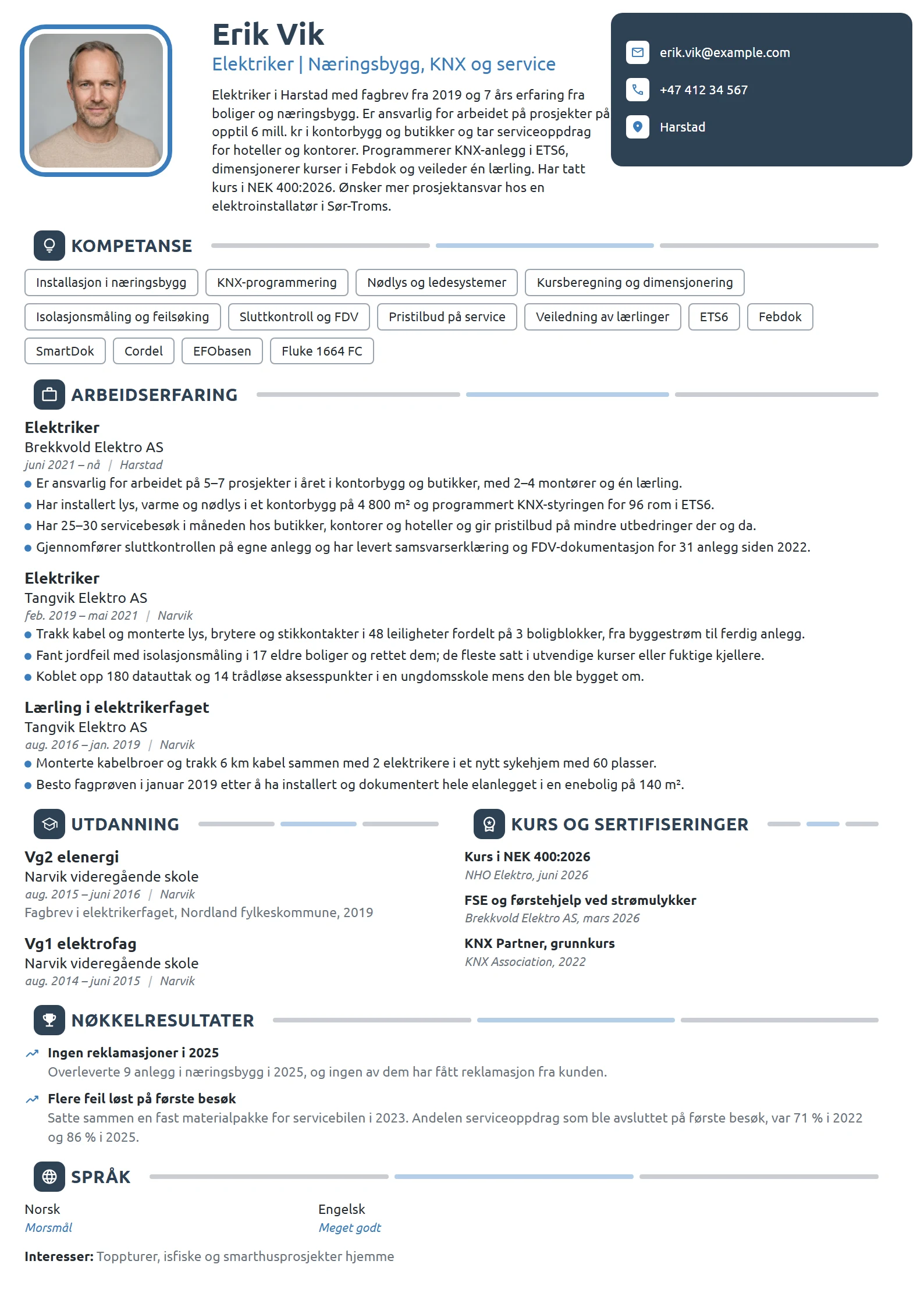 CV-eksempel for elektriker i næringsbygg
