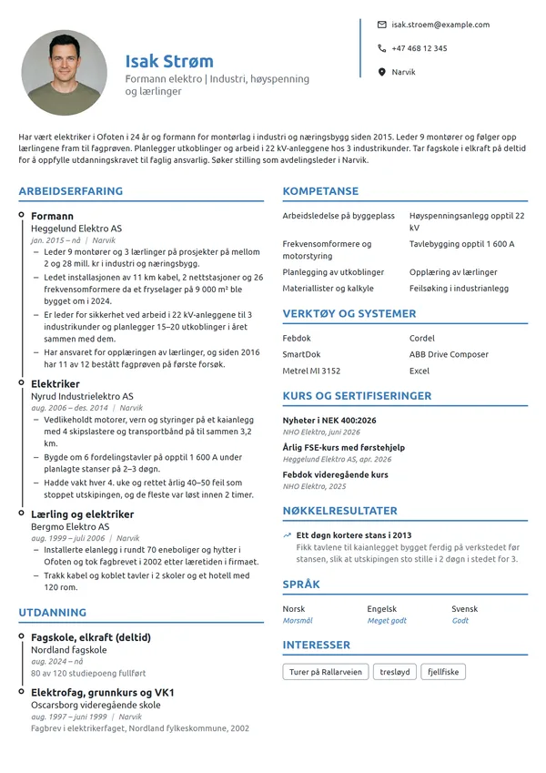 CV-eksempel for formann elektro, industri