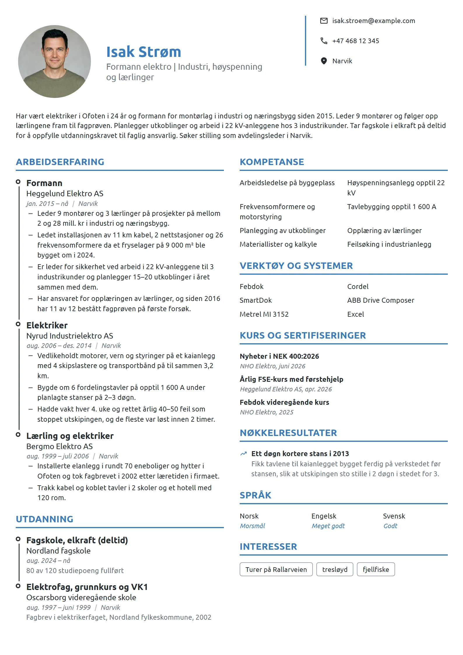 CV-eksempel for formann elektro, industri
