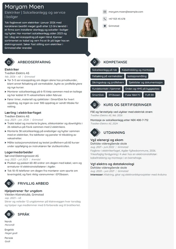 CV-eksempel for nyutdannet elektriker