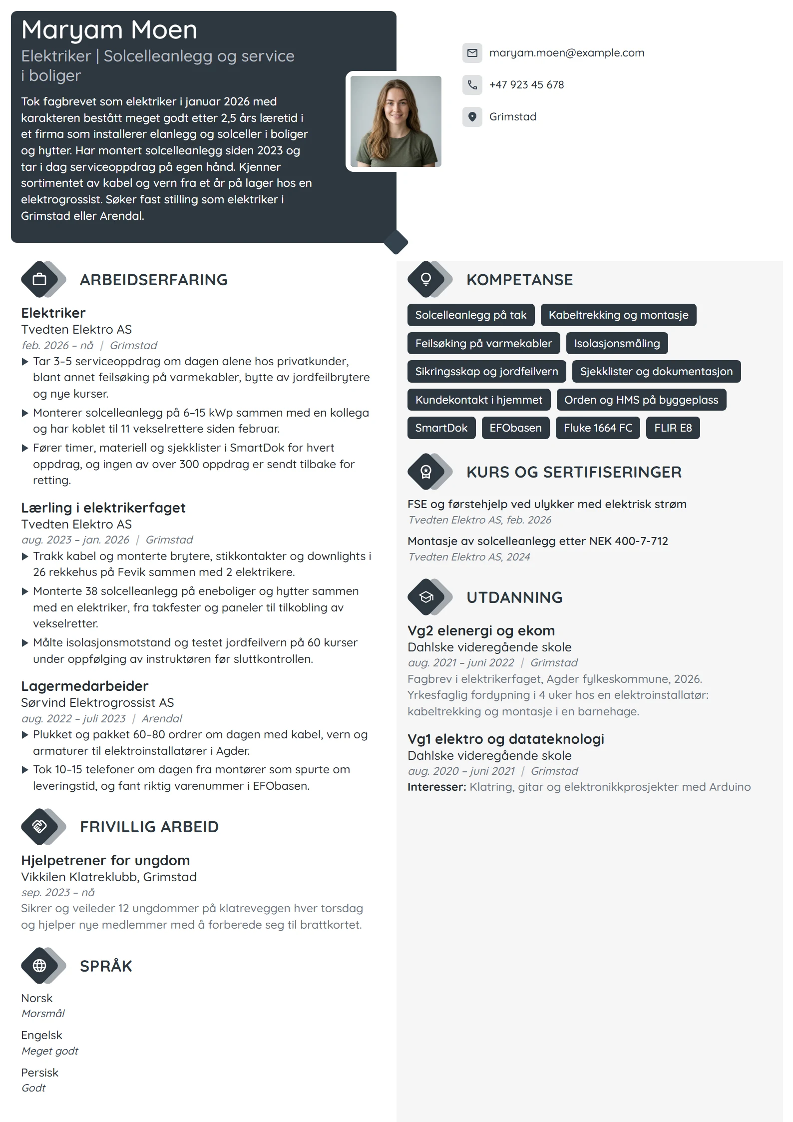 CV-eksempel for nyutdannet elektriker