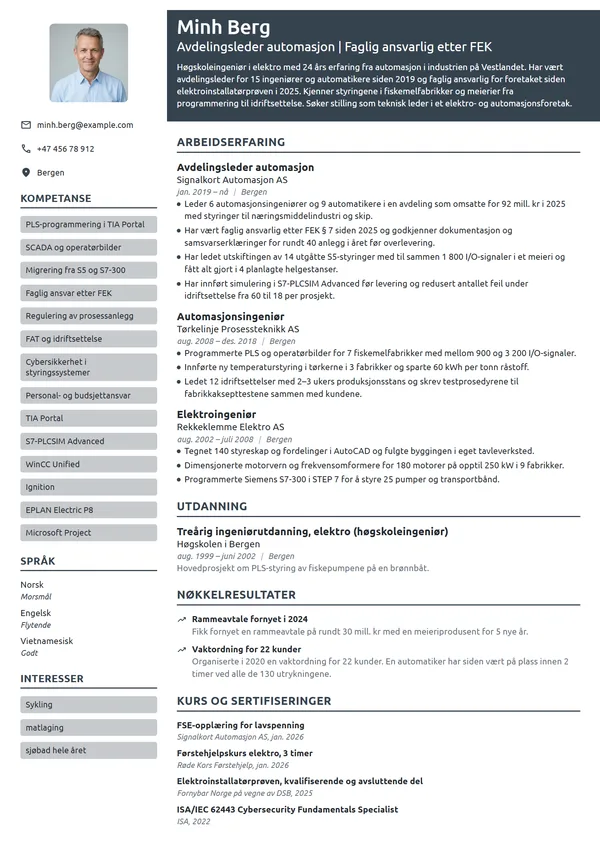 CV-eksempel for avdelingsleder automasjon