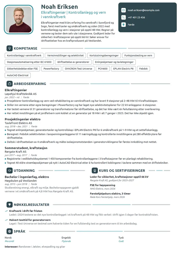 CV-eksempel for elkraftingeniør i vannkraft