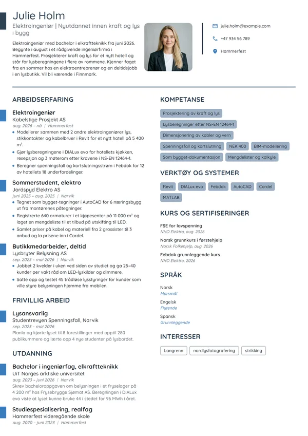 CV-eksempel for nyutdannet elektroingeniør