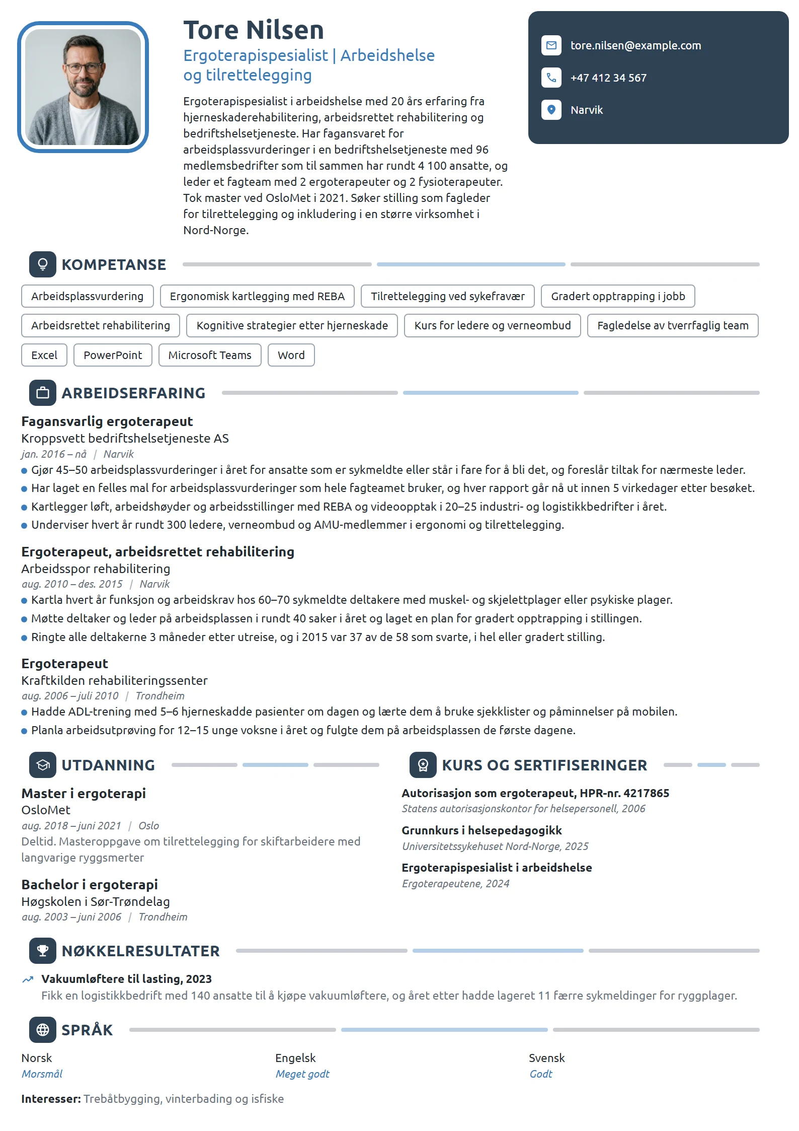 CV-eksempel for ergoterapispesialist i arbeidshelse