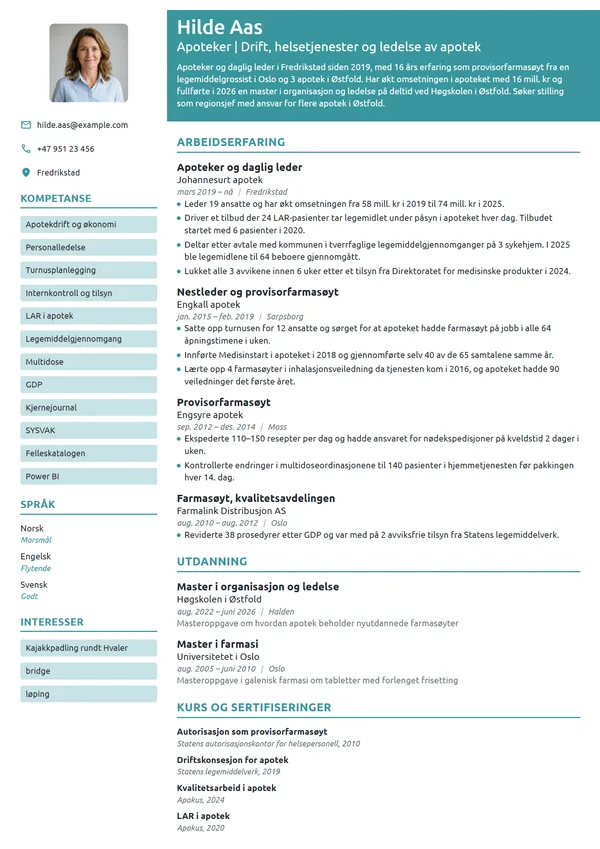 CV-eksempel for apoteker og daglig leder