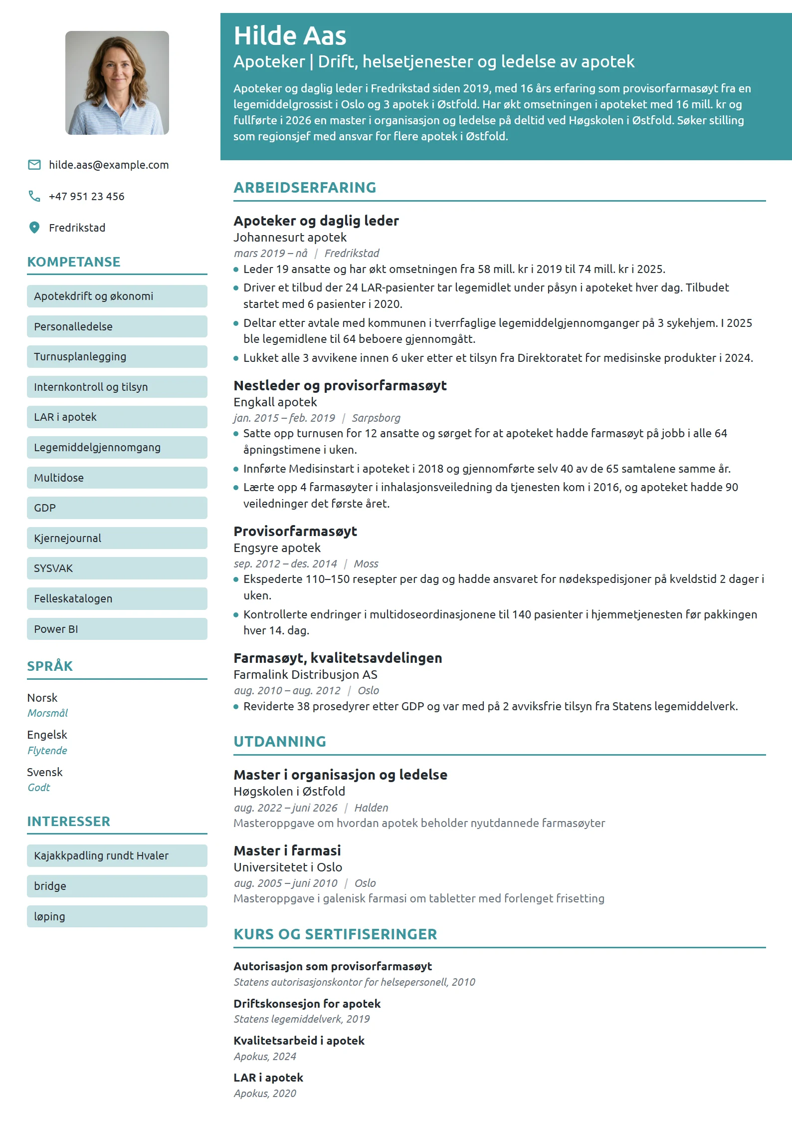 CV-eksempel for apoteker og daglig leder