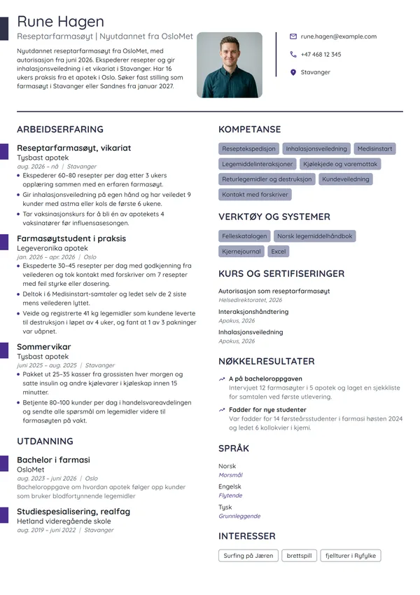 CV-eksempel for nyutdannet reseptarfarmasøyt