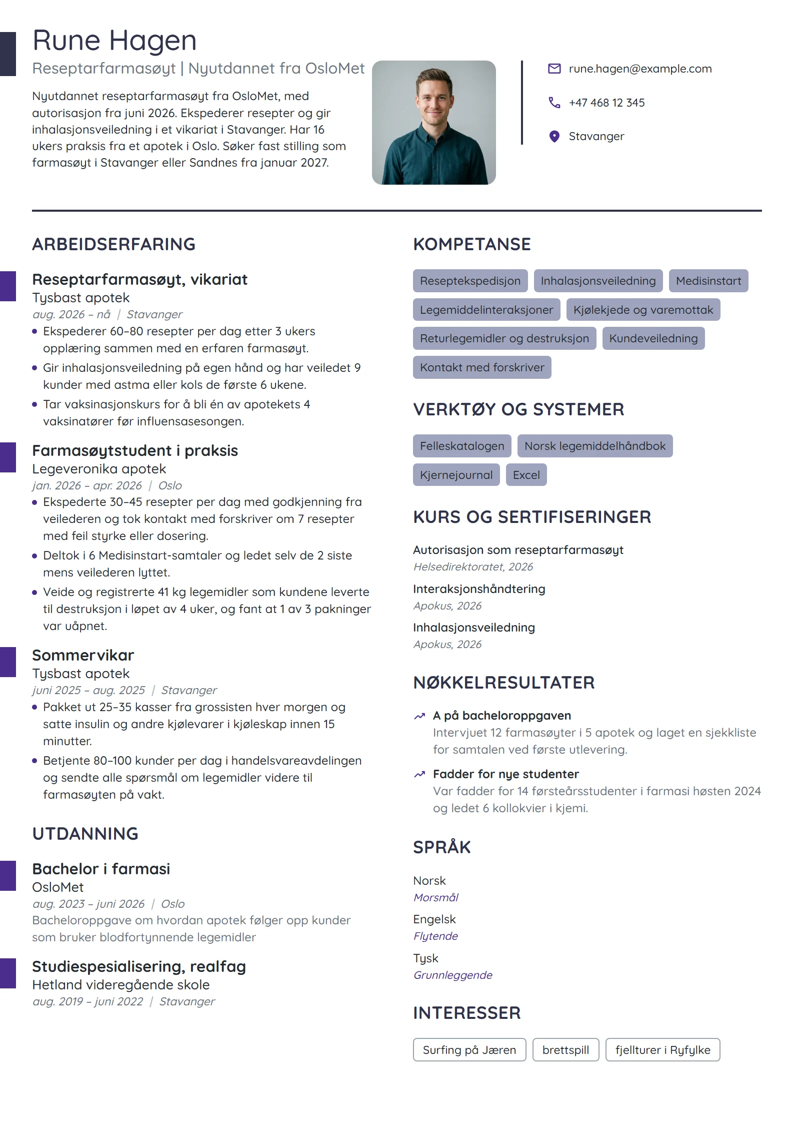 CV-eksempel for nyutdannet reseptarfarmasøyt