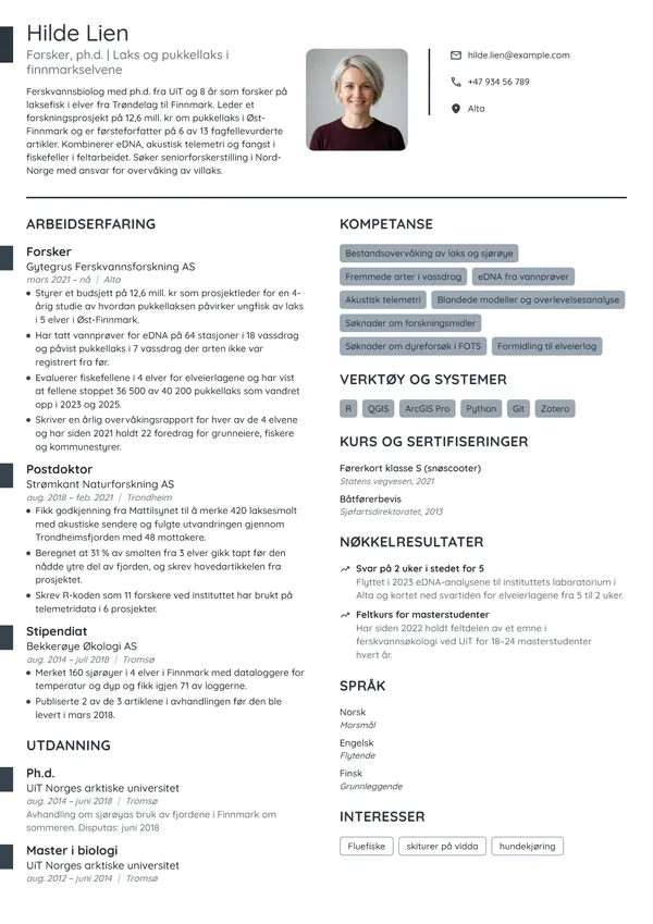 CV-eksempel for forsker i ferskvannsbiologi
