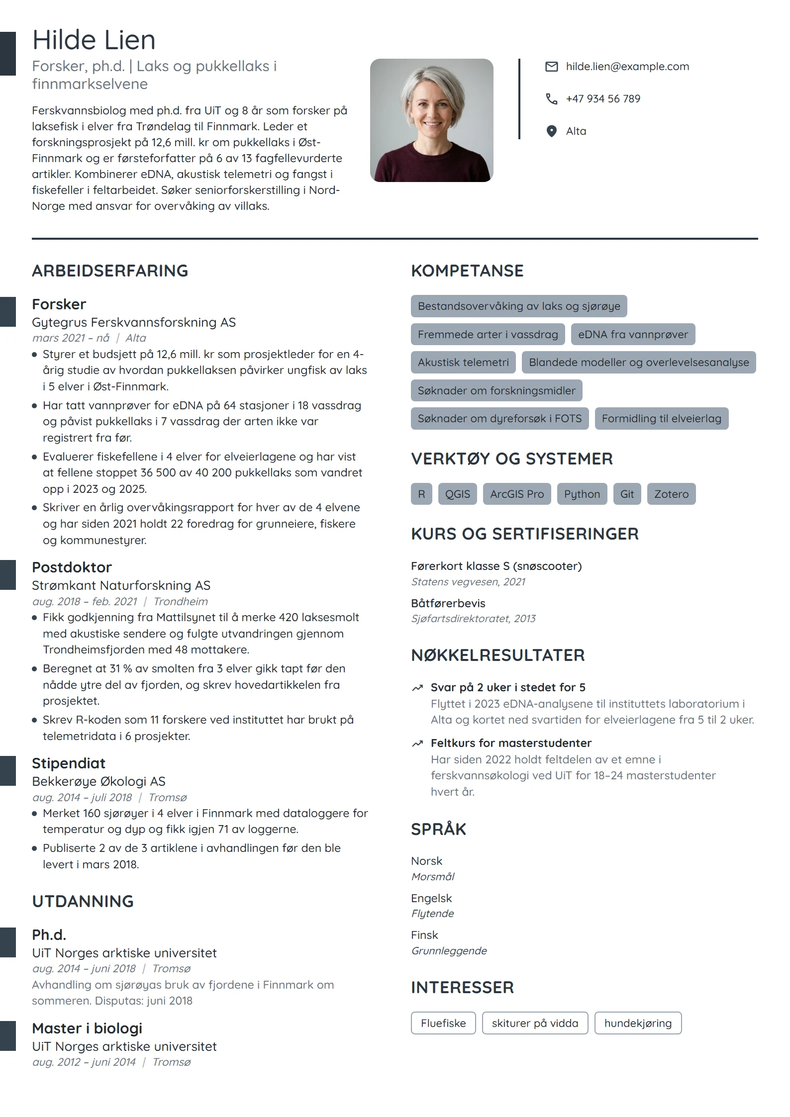 CV-eksempel for forsker i ferskvannsbiologi