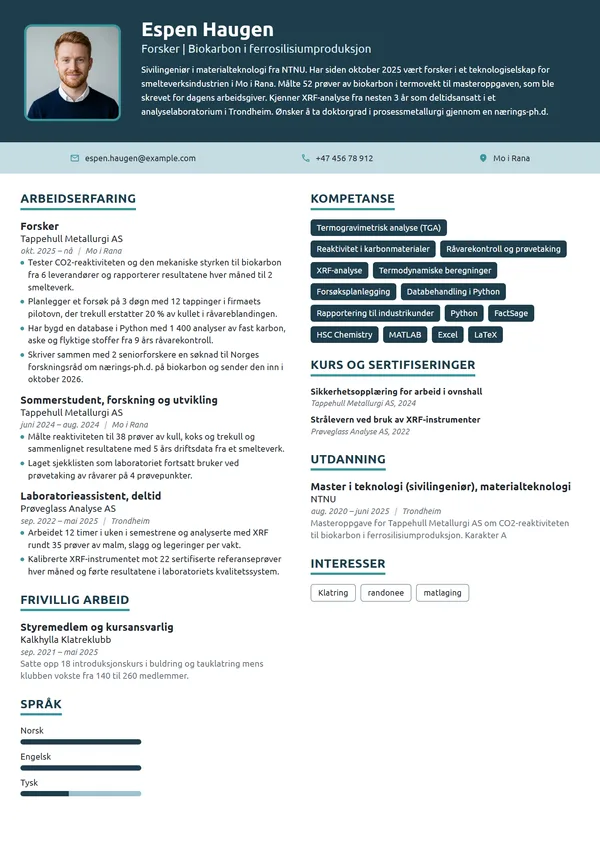 CV-eksempel for nyutdannet forsker i metallurgi