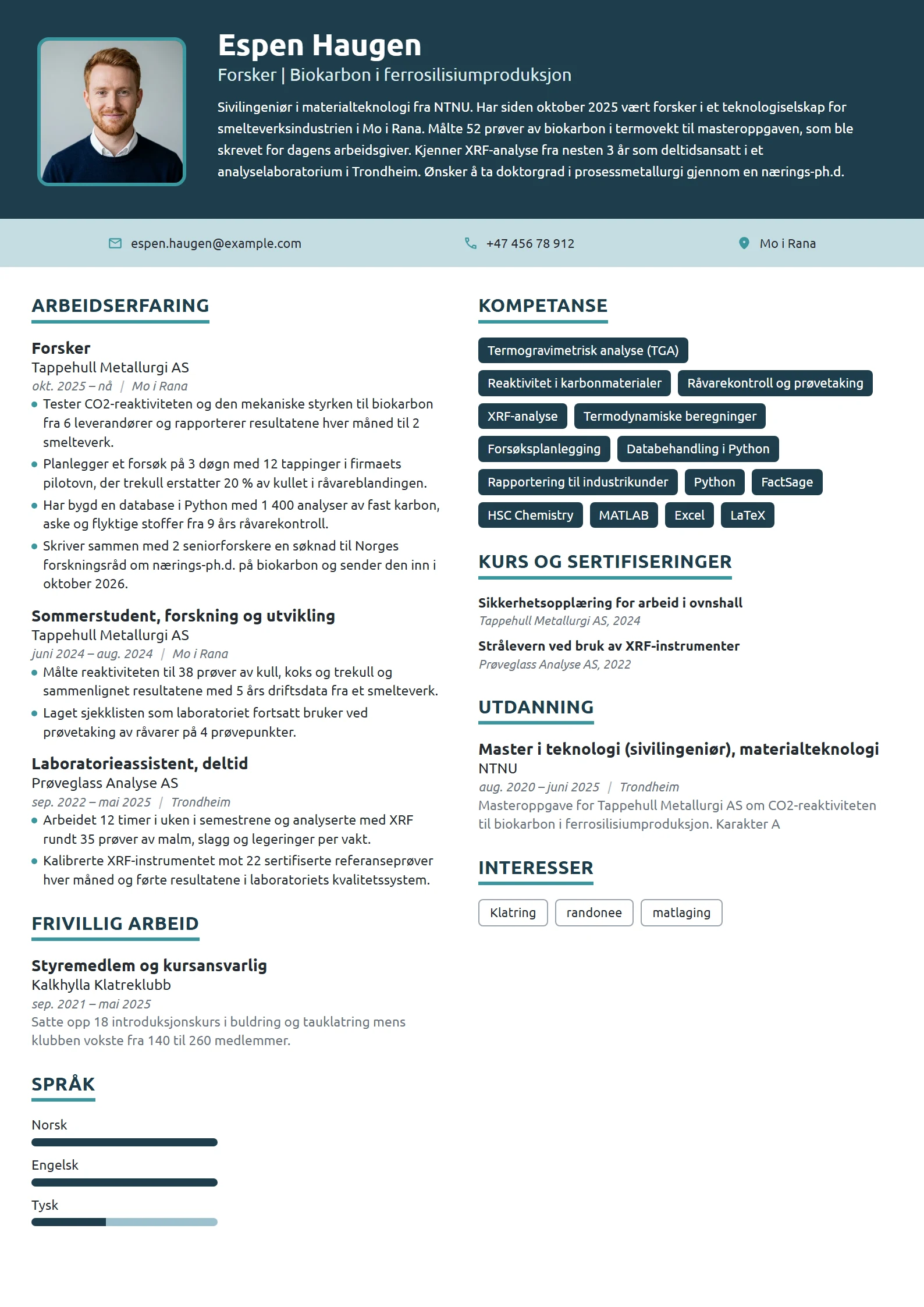 CV-eksempel for nyutdannet forsker i metallurgi