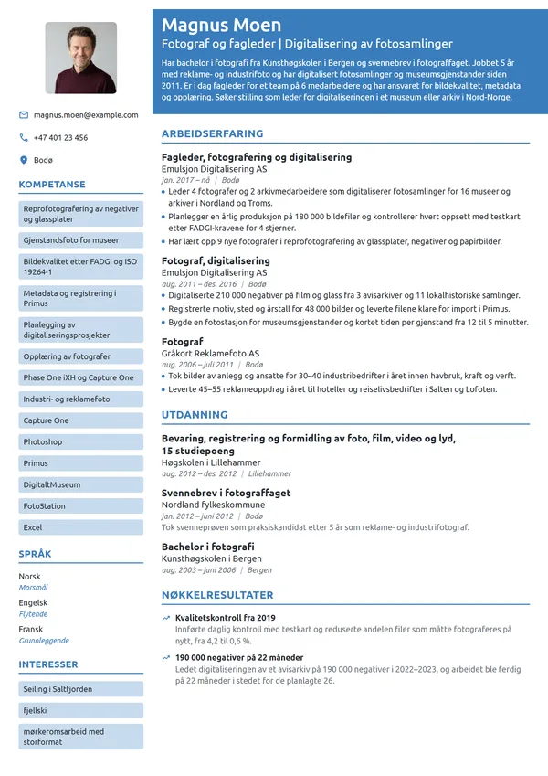 CV-eksempel for fagleder, foto og digitalisering