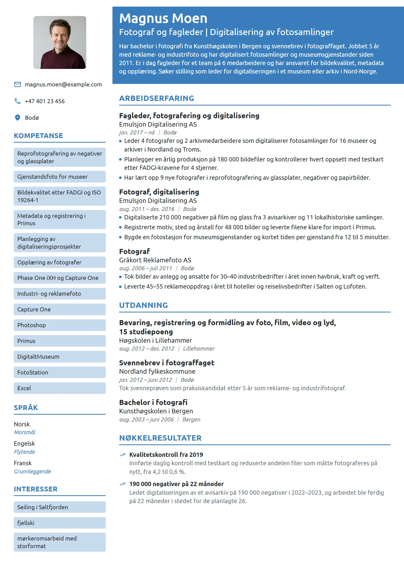 CV-eksempel for fagleder, foto og digitalisering