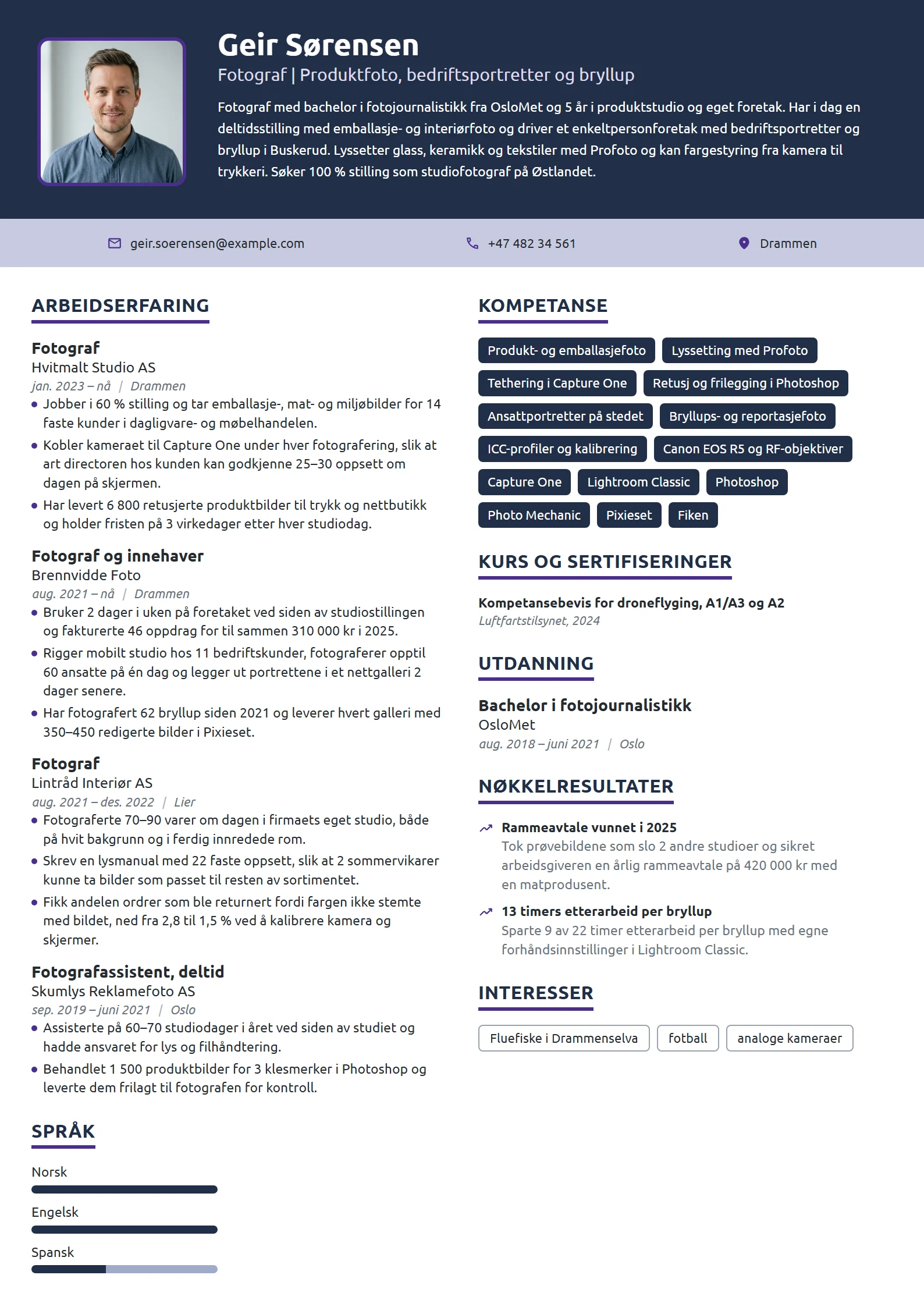 CV-eksempel for fotograf, studio og eget foretak