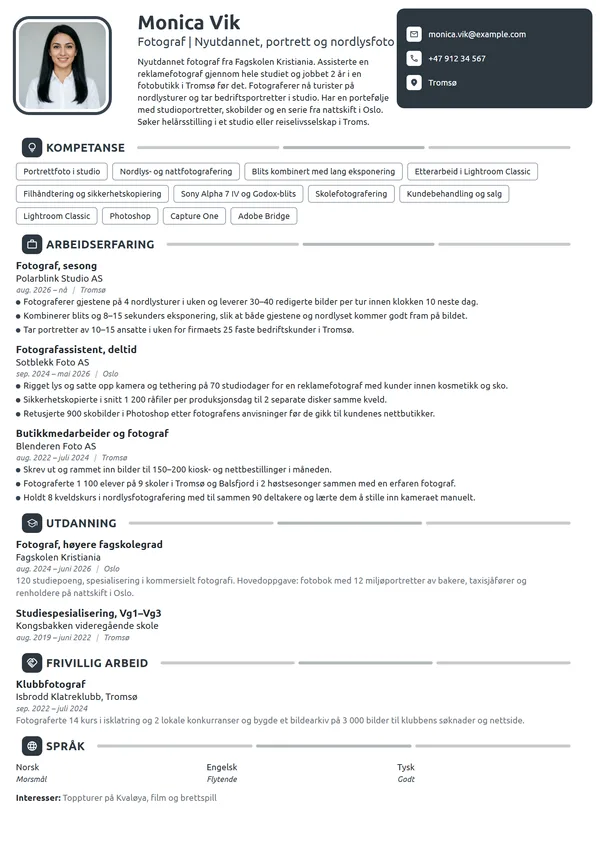 CV-eksempel for nyutdannet fotograf fra fagskole