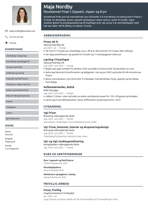 CV-eksempel for nyutdannet frisør med svennebrev