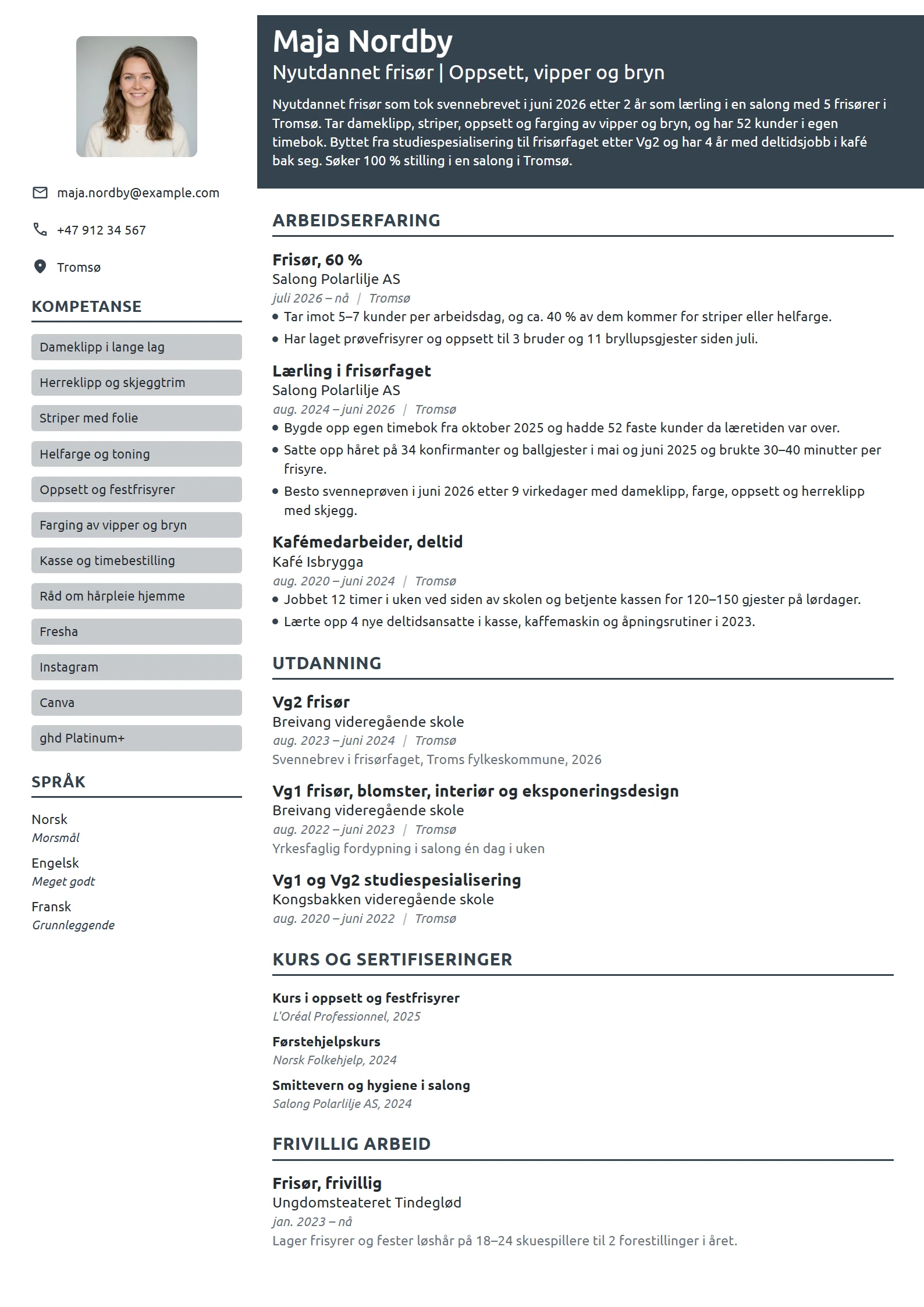 CV-eksempel for nyutdannet frisør med svennebrev