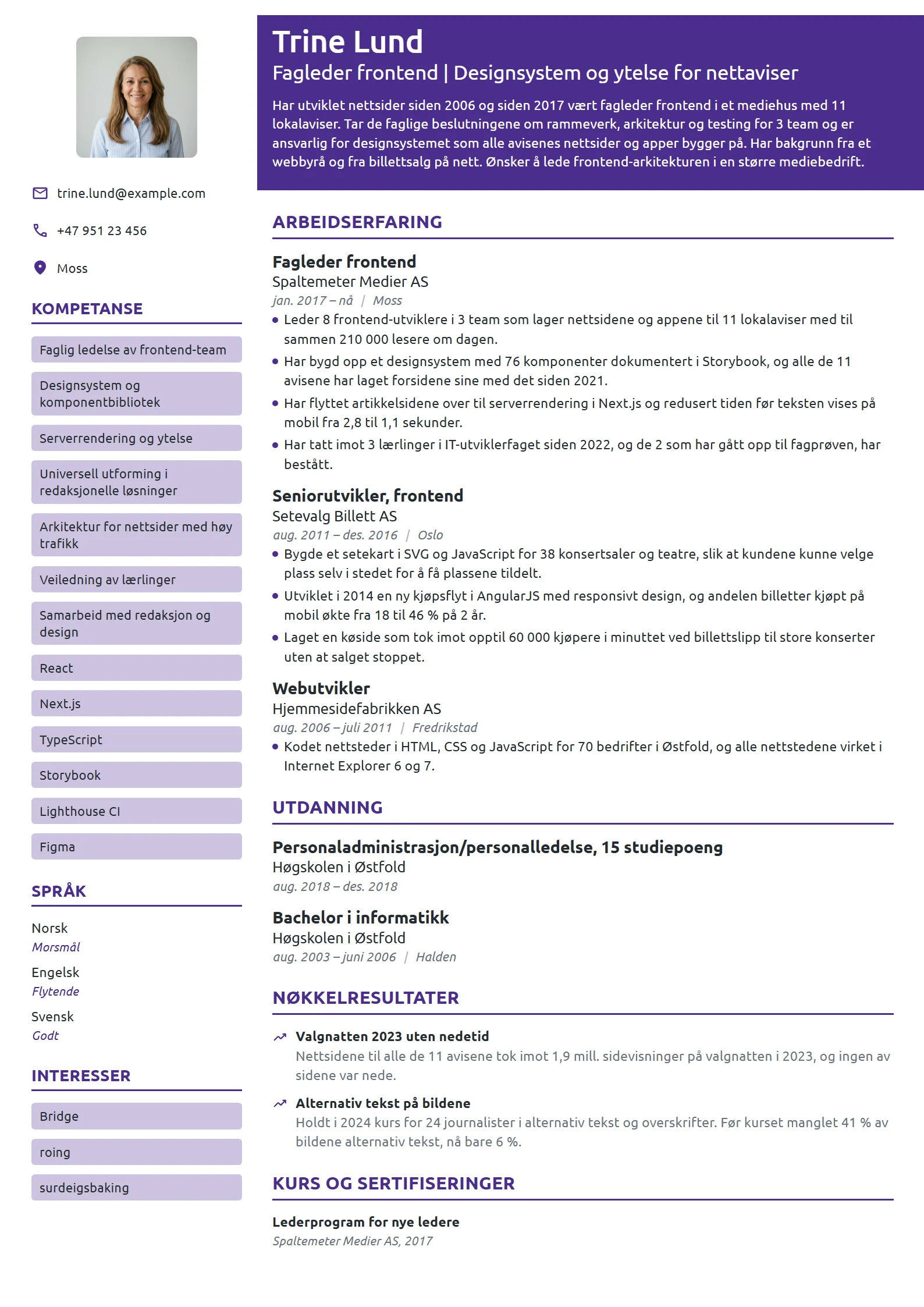 CV-eksempel for fagleder frontend i mediehus