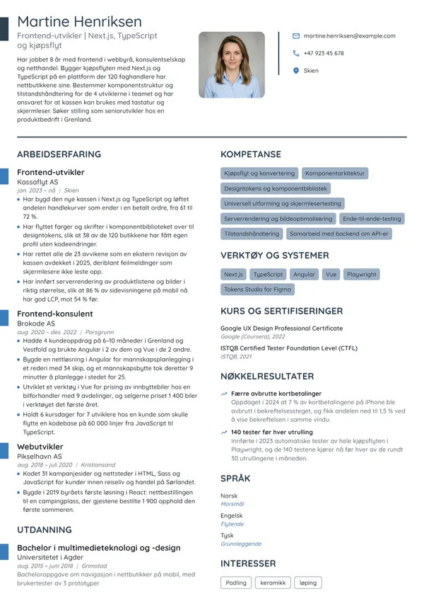 CV-eksempel for frontend-utvikler i netthandel