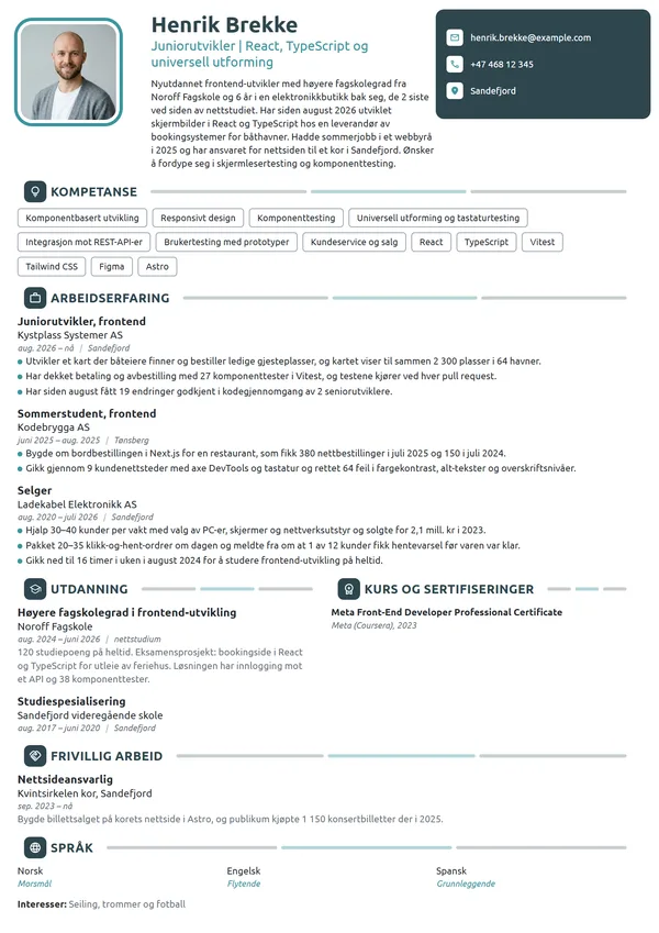 CV-eksempel for nyutdannet frontend-utvikler