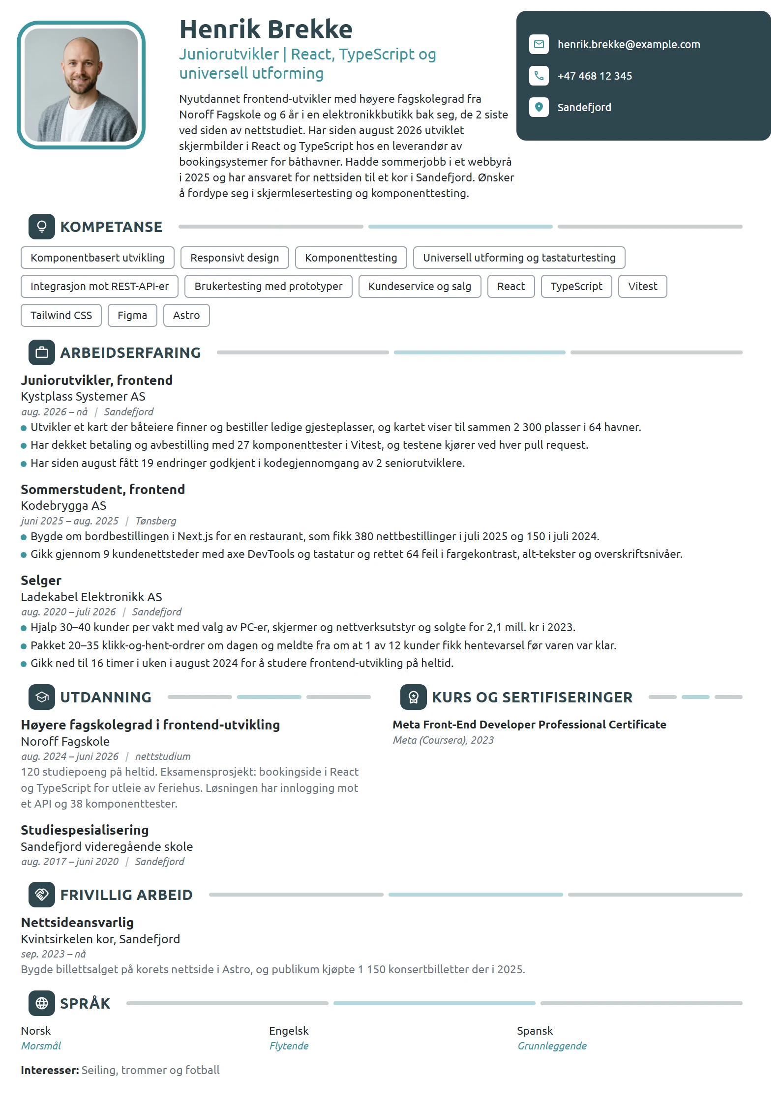 CV-eksempel for nyutdannet frontend-utvikler