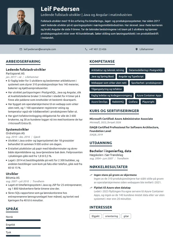 CV-eksempel for ledende fullstack-utvikler, sporbarhet