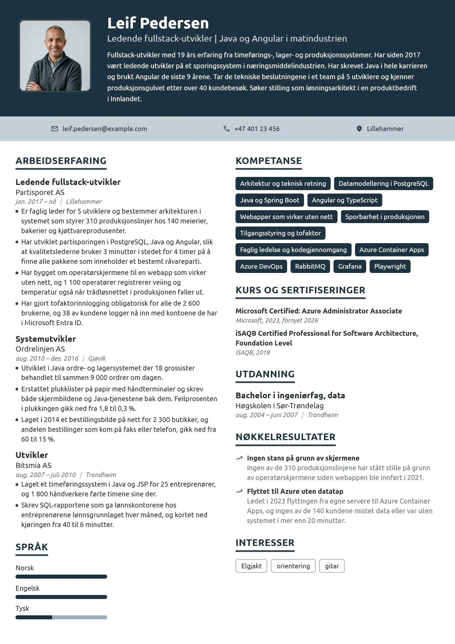 CV-eksempel for ledende fullstack-utvikler, sporbarhet